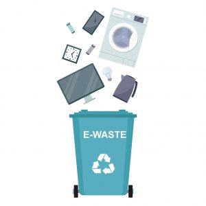 Electrical waste. Garbage bin with e-waste, electronic waste, recycling garbage